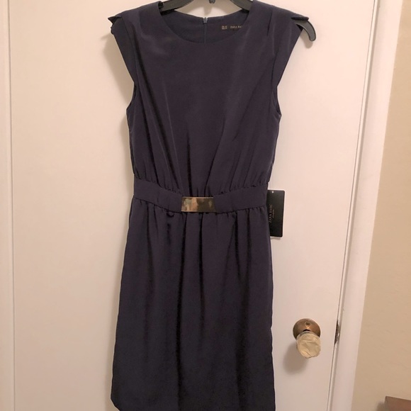 Zara Dresses & Skirts - Zara Navy Dress with Gold Accent Belt